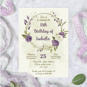 mauve white flowers greenery birthday invitation