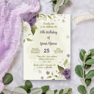 mauve white flowers greenery birthday invitation