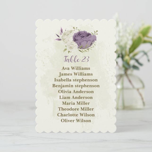mauve white flowers greenery seating chart card (Standing Front)