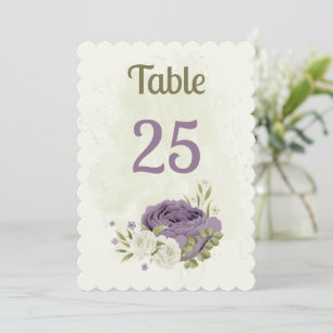 mauve white flowers greenery table number card
