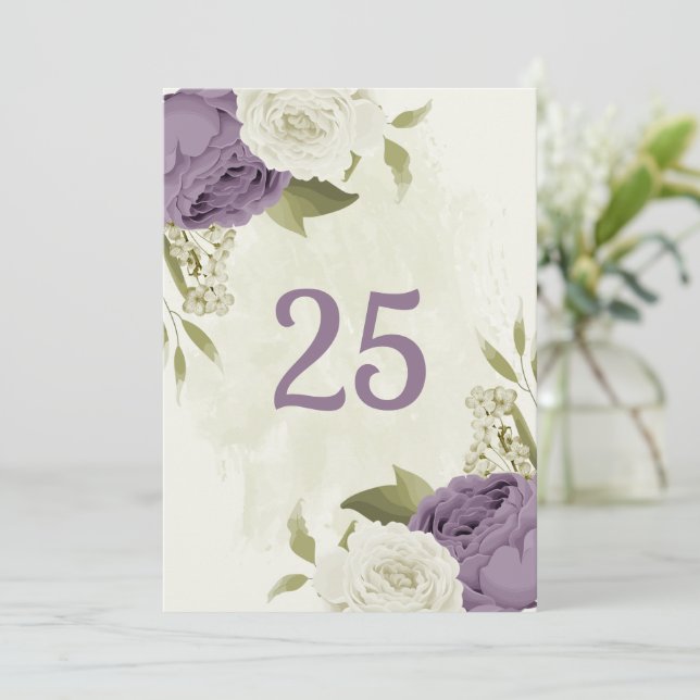 mauve white flowers greenery table number card (Standing Front)