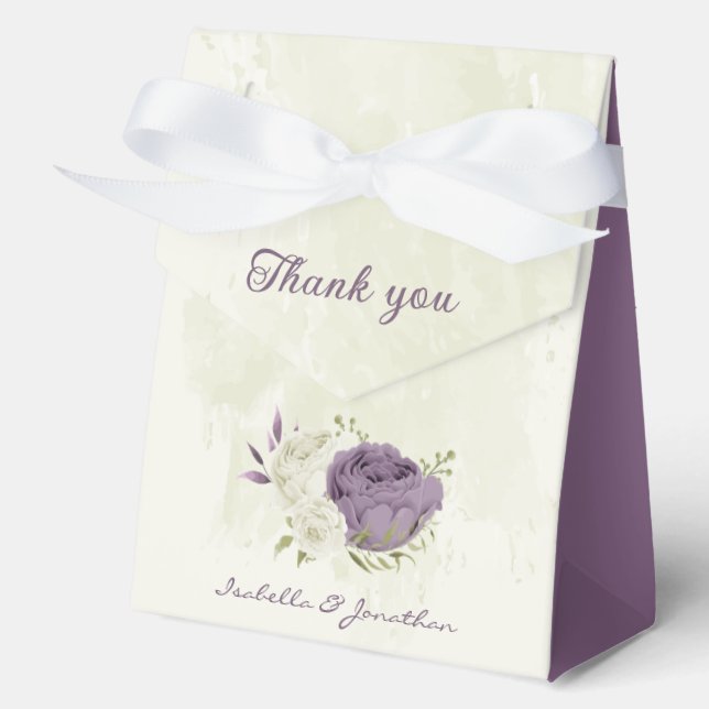 mauve white flowers greenery wedding favour box (Front)