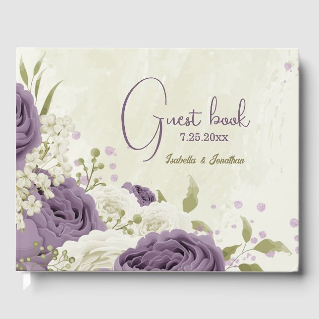 mauve white flowers greenery wedding guest book (Front)