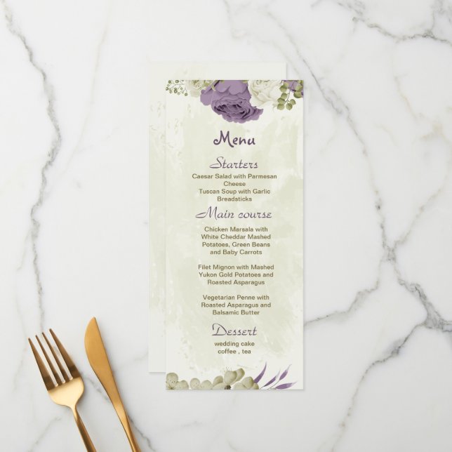 mauve white flowers greenery wedding menu (Front/Back In Situ)