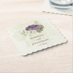 mauve white flowers greenery wedding paper coaster