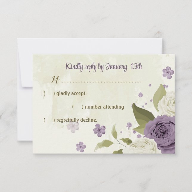 mauve white flowers greenery wedding RSVP card (Front)