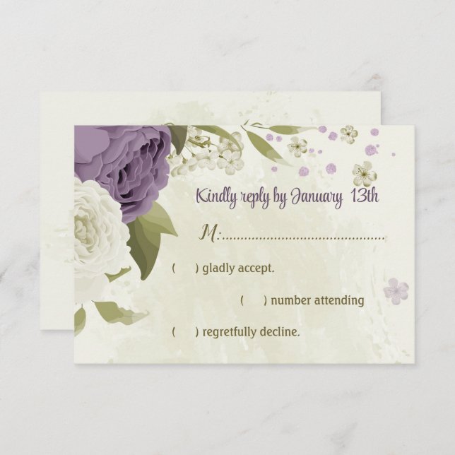 mauve white flowers greenery wedding RSVP card (Front/Back)