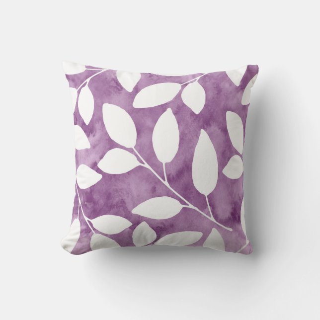 Mauve, White Watercolor Abstract Leaves Cushion (Front)