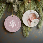 Mauve Winter Snowflake First Christmas Photo Ceramic Ornament<br><div class="desc">Ceramic holiday ornament personalised with your baby's photo and custom "My First Christmas" text. This simple modern holiday design features a white snowflake on a dusty pink background. Use the design tools to choose any background colour, edit text fonts and colours and add your own photos to create your own...</div>