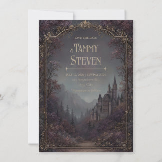 Mauve Woodland Gothic Castle Gold Border Wedding Invitation