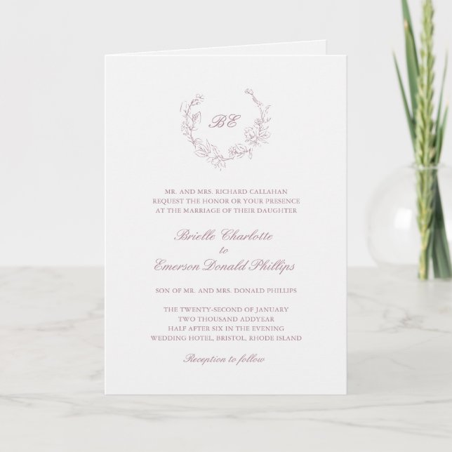 Mauve Wreath Monogram Elegant Wedding Invitation (Front)