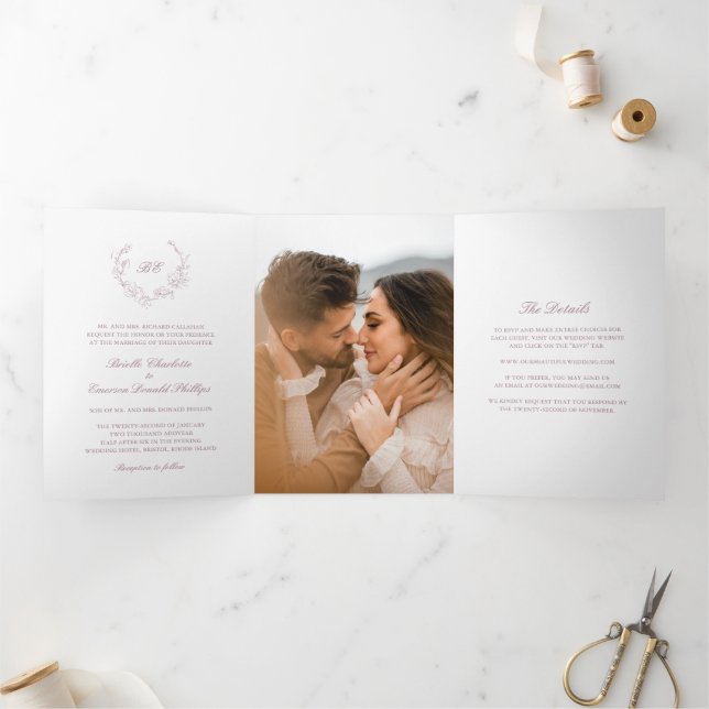 Mauve Wreath Monogram Elegant Wedding Tri-Fold Invitation (Inside)