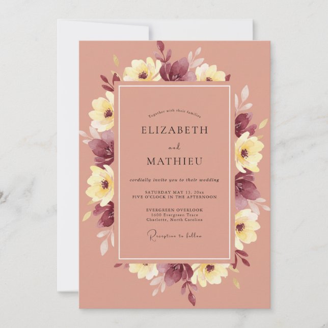Mauve Yellow Blossom Wedding Invitation (Front)