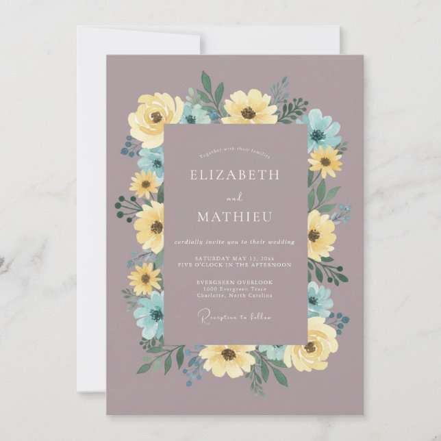 Mauve Yellow Blue Botanical Wedding Invitation (Front)