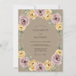 Mauve Yellow Botanical Laurel Wedding Invitation