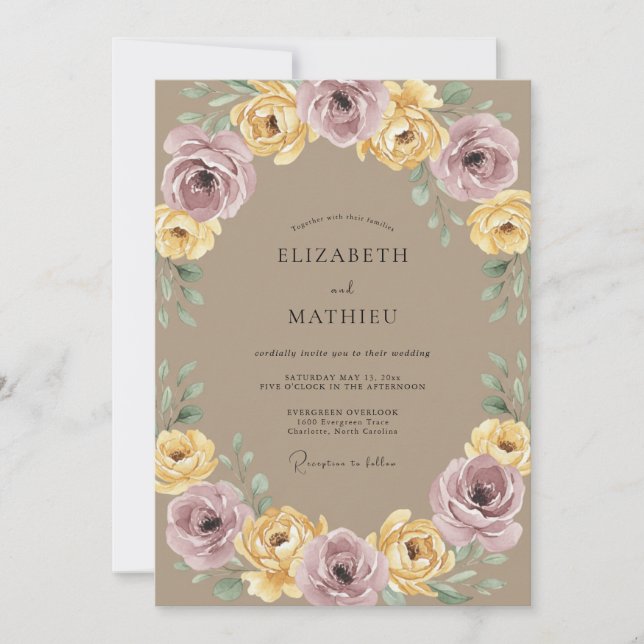 Mauve Yellow Botanical Laurel Wedding Invitation (Front)