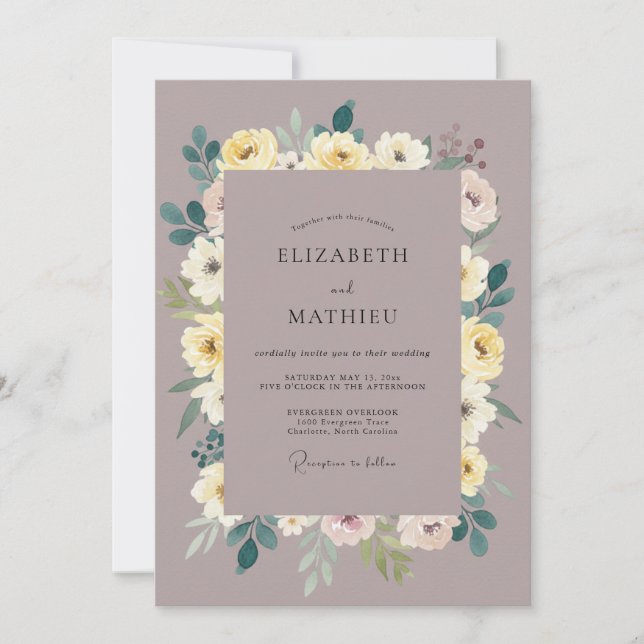 Mauve Yellow Peony Wedding Invitation (Front)