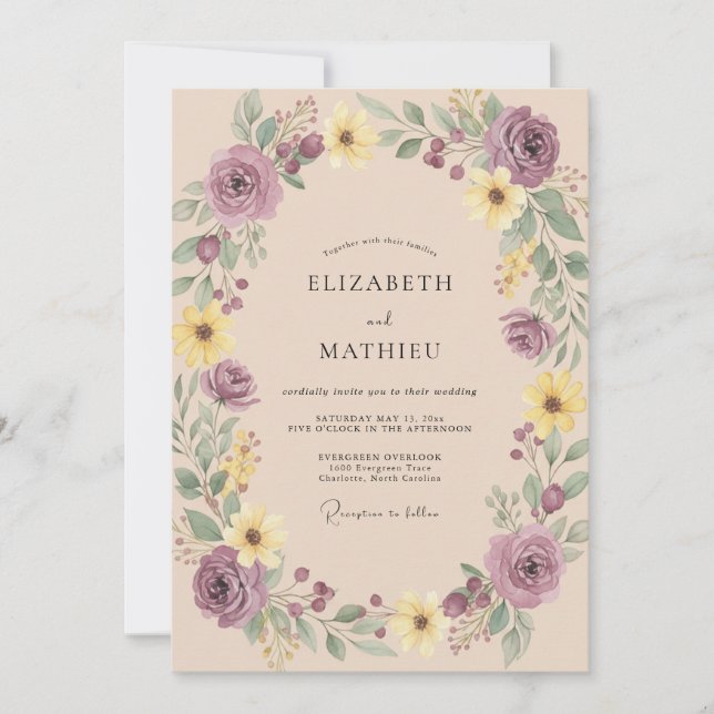 Mauve Yellow Wreath Wedding Invitation (Front)
