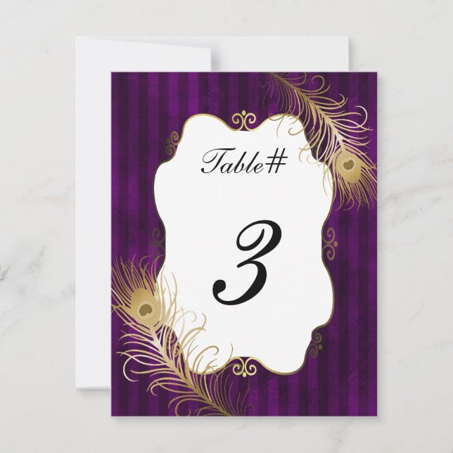 Mave & Golden Peacock Feather Wedding Table Number (Front)
