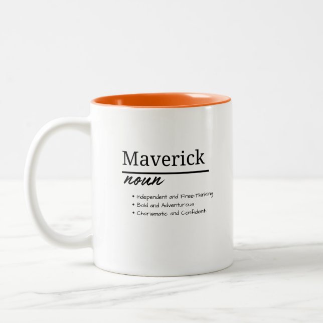 Maverick, Boy Personalised Name Definition Two-Tone Coffee Mug (Left)
