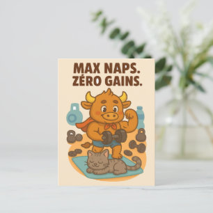 Max Naps, Zero Gains – Funny Bullio Gym Postcard