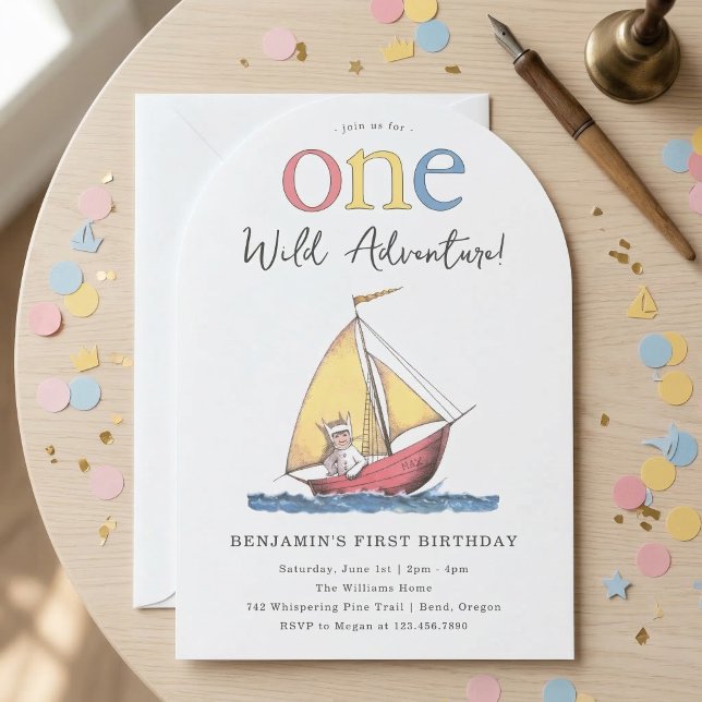 Max | One Wild Adventure 1st Birthday  Invitation (Simulated invitation on table)