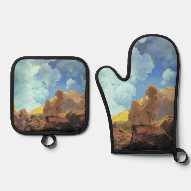 Maxfield Parrish Morning 1922 Cloud Blue Fine Art Oven Mitt & Pot Holder Set (Front)