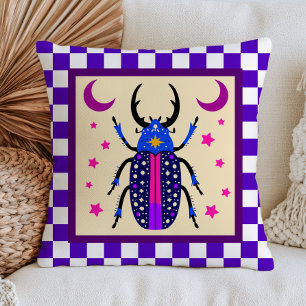 Maximalist Beetle Insect Design Chequered Pattern Cushion
