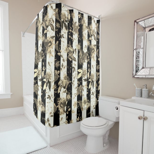 Maximalist Beige Flowers on Black White Stripe Shower Curtain (In Situ)