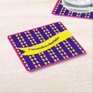 Maximalist Birthday Repeating Pattern Colourful  Square Paper Coaster