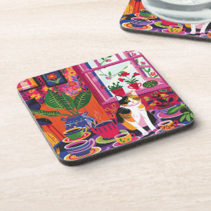 Maximalist Calico Cat and Tea Room Coaster
