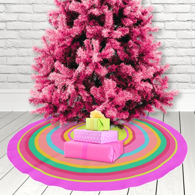 Maximalist Circles Vibrant Colourful Pink Brushed Polyester Tree Skirt (Fun modern multicolor tree skirt for your maximalist Christmas.)