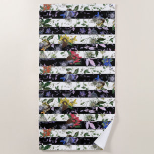 Maximalist Colourful Flowers Black White Stripe Beach Towel