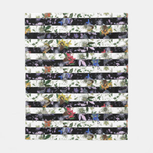 Maximalist Colourful Flowers Black White Stripe Fleece Blanket