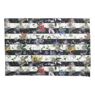 Maximalist Colourful Flowers Black White Stripe Pillowcase