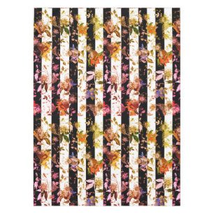 Maximalist Colourful Flowers Black White Stripe Tablecloth