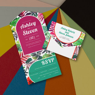 Maximalist colourful tropical leaves arch wedding all in one invitation