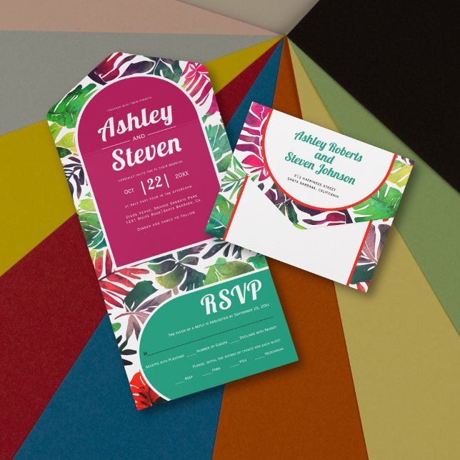 Maximalist colourful tropical leaves arch wedding all in one invitation (Creator Uploaded)