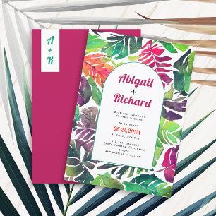 Maximalist colourful tropical leaves arch wedding invitation