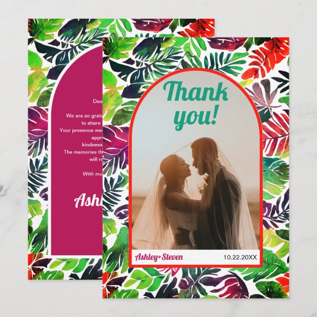 Maximalist colourful tropical leaves arch wedding thank you card (Front/Back)
