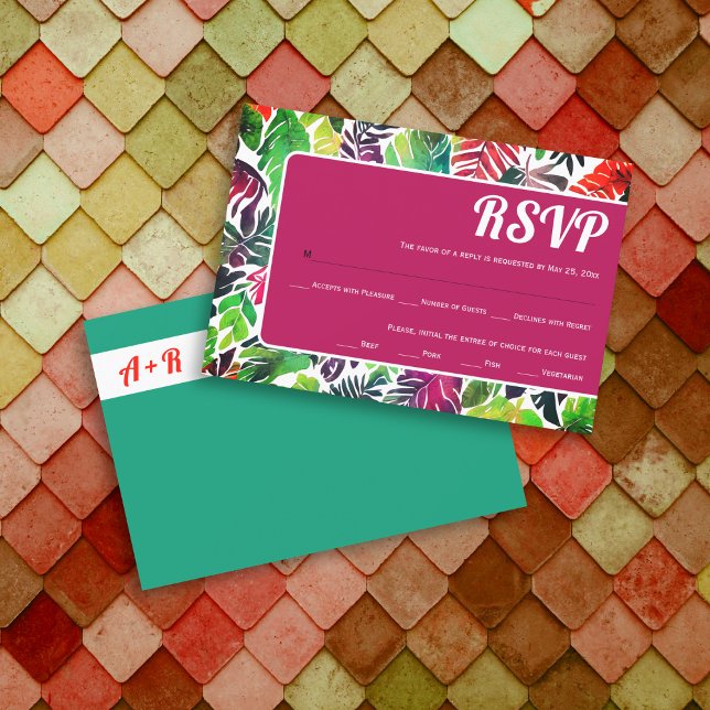 Maximalist colourful tropical leaves frame wedding RSVP card (Creator Uploaded)