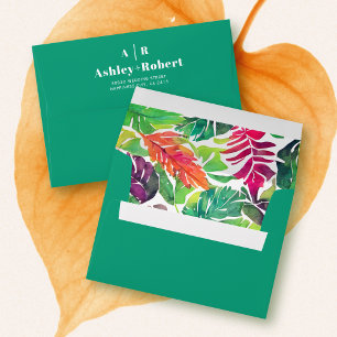 Maximalist colourful tropical leaves green wedding envelope