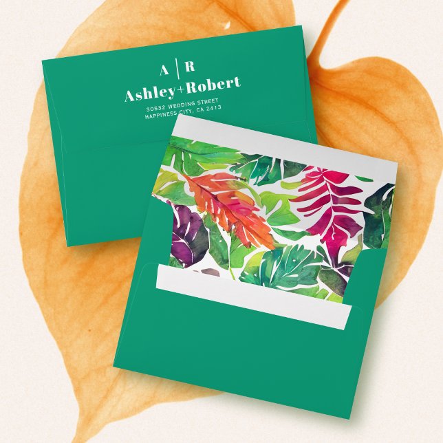 Maximalist colourful tropical leaves green wedding envelope (Creator Uploaded)