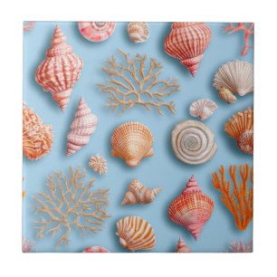 Maximalist Coral Seashell Starfish Blue Ceramic Tile