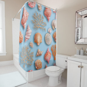 Maximalist Coral Seashell Starfish Blue Shower Curtain