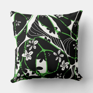 Maximalist Floral Neuro Art - Black White Green Cushion