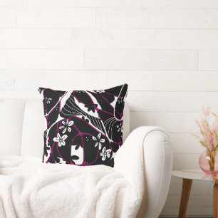 Maximalist Floral Neuro Art - Black White Magenta Cushion