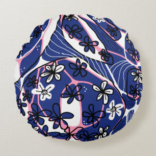 Maximalist Floral Neuro Art - Blue Pink White Round Cushion