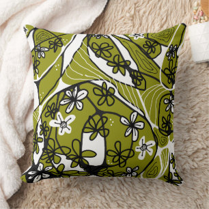 Maximalist Floral Neuro Art - Olive White  Cushion