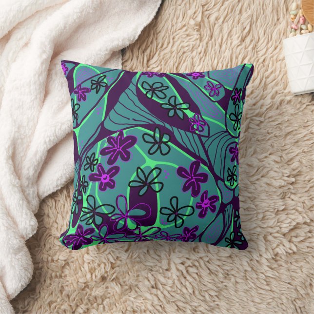 Maximalist Floral Neuro Art - Teal Purple Black Cushion (Blanket)